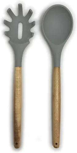Miniatura 14 de Prepara Juego de 2 cucharones de sopa y cuchara ranurada de acacia y silicona, color verde espuma de mar