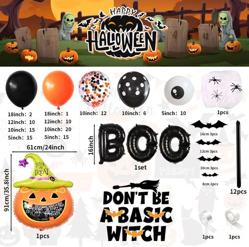 Miniatura 2 de Kit de Guirnalda de Arco de Globos de Halloween, 126 Piezas, Globos Negros y Naranjas con Globos de Calabaza BOO, Murciélagos de Aluminio, Globos