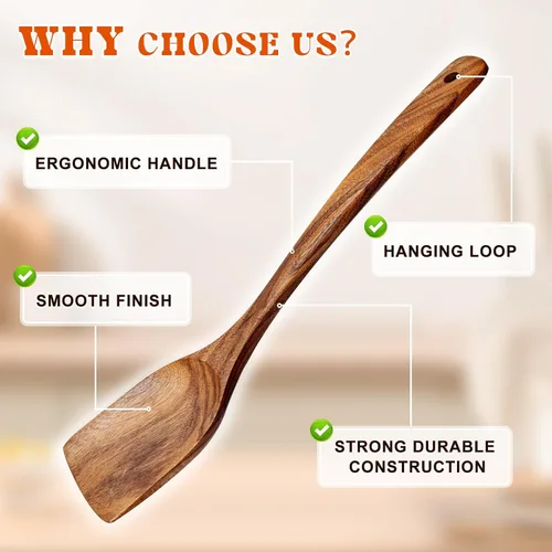 Miniatura 6 de Juego de 2 espátulas de madera, espátula turner sólida y ranurada de acacia, espátulas planas de freír con mango largo, regalo de cocina ideal