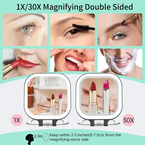 Miniatura 5 de FASCINATE Espejo de maquillaje de viaje recargable con aumento de 30X, espejo de tocador portátil iluminado de 7 pulgadas con iluminación de 3