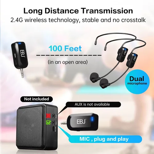 Miniatura 3 de EBJ Micrófono de auriculares inalámbricos 2.4G y micrófono de mano 2 en 1, transmisión estable de 98.4 ft, carga USB dual tipo C, compatible