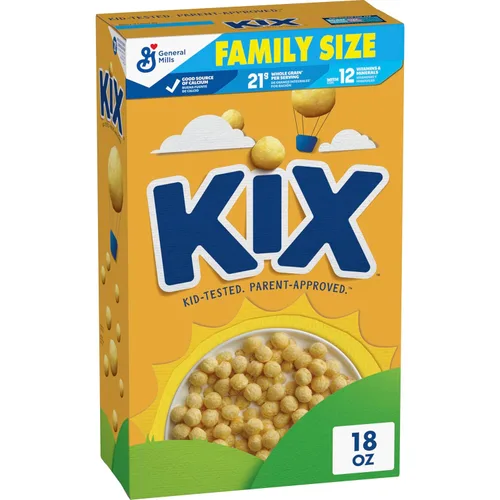 Kix Cereal de desayuno de grano entero, bolitas de cereal de maíz crujientes, tamaño familiar, 18 oz