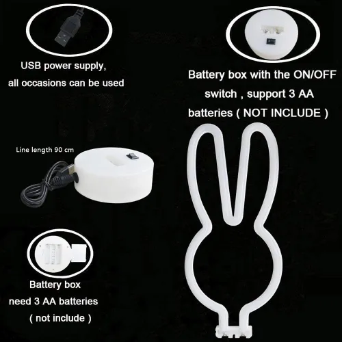 Miniatura 8 de BAILEY Letrero de neón de orejas de conejo, luces LED de conejo de Pascua con base con soporte, USB o 3 pilas AA, luz de neón alimentada por batería