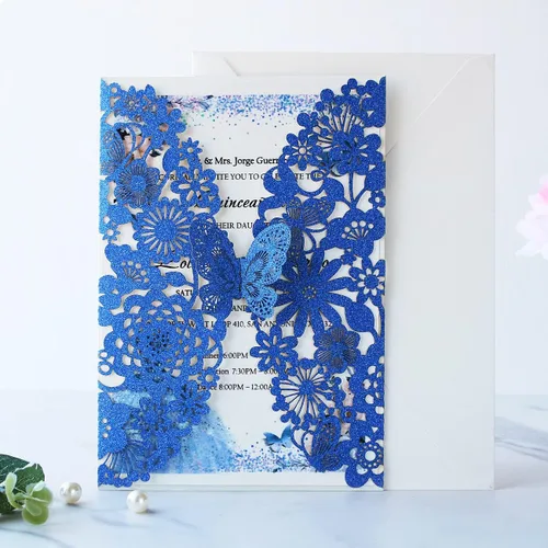Miniatura 4 de Hosmsua 50 invitaciones de quinceañera de mariposa azul rey y sobre de 5.12 x 7.3 pulgadas, corte láser, flora de encaje, invitación de quinceañera