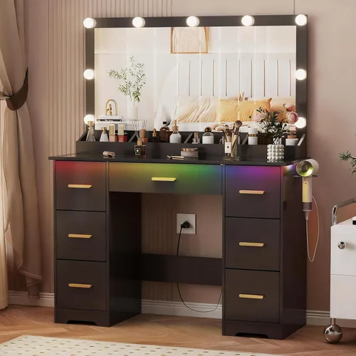 Escritorio de tocador de 44 pulgadas con espejo grande de 38 pulgadas y 9 luces LED y parte superior de cristal y toma de corriente, juego de