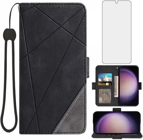 Asuwish Funda tipo cartera compatible con Samsung Galaxy S23 5G y protector de pantalla de vidrio templado, funda de cuero con tapa para tarjetero,