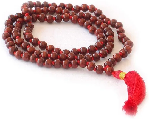 HealthAndYoga™ Mala de Palo de Rosa (108 + 1 Cuentas con Borla) y Bolsa de Terciopelo - Rosario Anudado a Mano para Canto de Mantra, Meditación -
