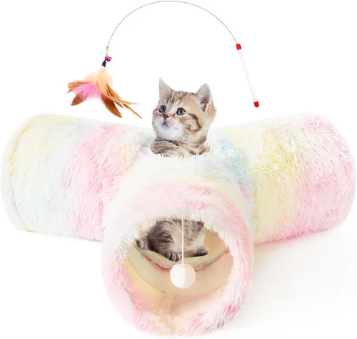 Miniatura 25 de Tempcore Túnel para gatos con tubo de juguete, túneles plegables de 3 vías para gatos, túneles para mascotas aburridas con agujero y pelota, juguete