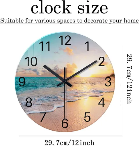 Miniatura 5 de Reloj de pared de playa con pilas, reloj de pared de vidrio de 12 pulgadas, analógico, sin tictac, relojes de pared azules para dormitorio, sala