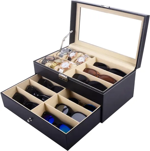Miniatura 7 de Autoark Caja de joyería de cuero para 6 relojes y 9 piezas de almacenamiento para lentes y lentes de sol organizador de caja con bloqueo negro AW-048
