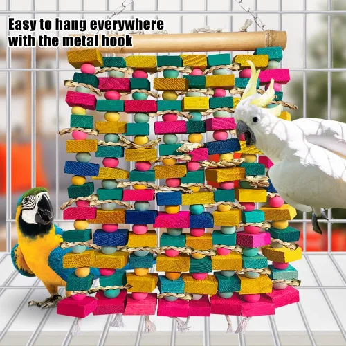 Miniatura 7 de Juguetes de pájaros extra grandes para guacamayos, bloques de madera multicolor juguete para masticar pájaros, jaula de loro, juguete de mordida