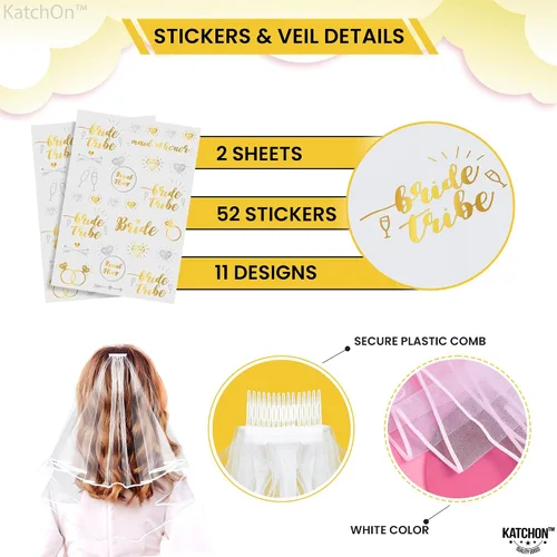 Miniatura 4 de KatchOn, Decoraciones doradas para despedida de soltera, paquete de 5, accesorios para novia, banda para la novia y tatuajes de novia, velo de boda