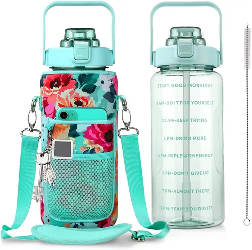 Miniatura 13 de Botella de Agua de Medio Galón con Funda, Botella de Agua Motivacional de 64 Onzas con Pajita y Marcador de Tiempo, Botella de Agua Grande