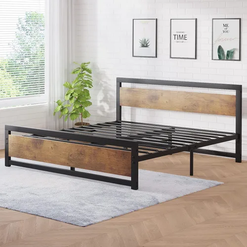 Miniatura 8 de Amyove Base de cama tamaño King con cabecera y estribo de madera, plataforma de cama King de metal, no necesita somier, 14 pulgadas, fácil