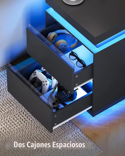 Miniatura 6 de WLIVE Mesita de noche negra con estación de carga y luces LED, mesita de noche con 2 cajones de madera y parte superior deslizante, mesa auxiliar
