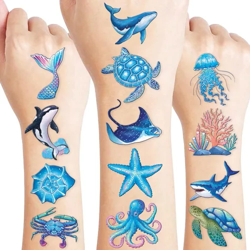 Miniatura 11 de 96 piezas de tatuajes temporales luminosos que brillan en la oscuridad, animales marinos del océano precortados para niños, suministros