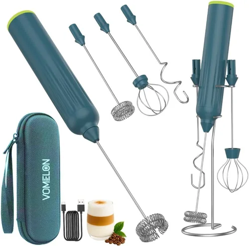 Espumador de leche de mano con 3 batidores de acero inoxidable, mezclador eléctrico recargable de bebidas con soporte y estuche de viaje, espumador