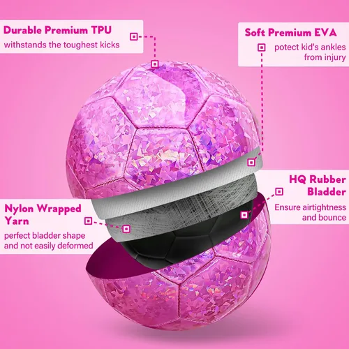 Miniatura 4 de Pelota de fútbol tamaño 4 con purpurina rosa - Pelota de fútbol para niños de 4-6, 6-8, 8-12 años, para deportes al aire libre, entrenamiento