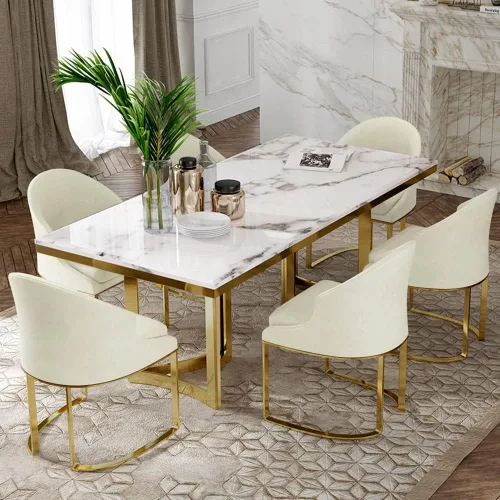 POVISON Mesa de comedor de mármol para 6, mesa de comedor moderna de 71 pulgadas para cocina y comedor, mesa de mármol blanco de lujo con pedestal