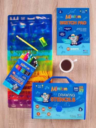 Miniatura 9 de Mimtom Kit de plantillas de dibujo para niños, juego de arte de 51 piezas con más de 240 formas, bloc de bocetos y lápices