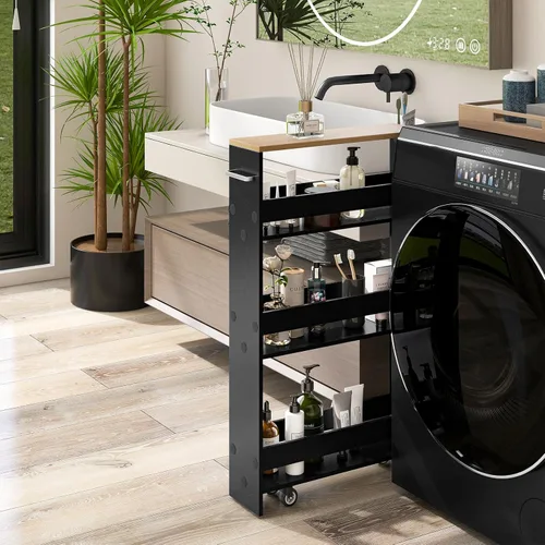 Miniatura 3 de LOKO Carrito de almacenamiento delgado, carrito rodante de 4 niveles con asa y parte superior de madera para cocina, baño, lavandería, sala de negro