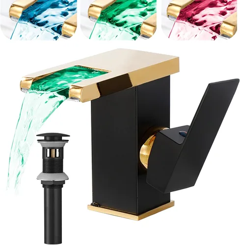 Grifo de baño de cascada negro y dorado con luz LED de 3 colores cambiantes, caño de una sola manija, grifo de lavabo/tocador de un orificio con