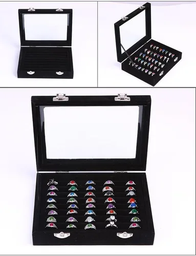 Miniatura 2 de Ivosmart Caja de almacenamiento de 7 ranuras para anillos de cristal de terciopelo, caja de almacenamiento para joyas, soporte organizador