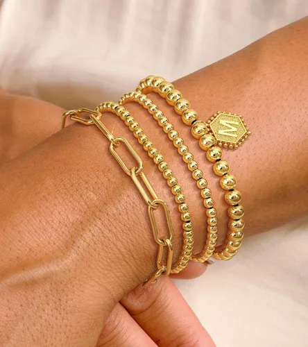 Miniatura 3 de doubgood - Pulseras de cuentas doradas para mujer, apilables, elásticas, chapadas en oro auténtico de 14 quilates, con dije de letras
