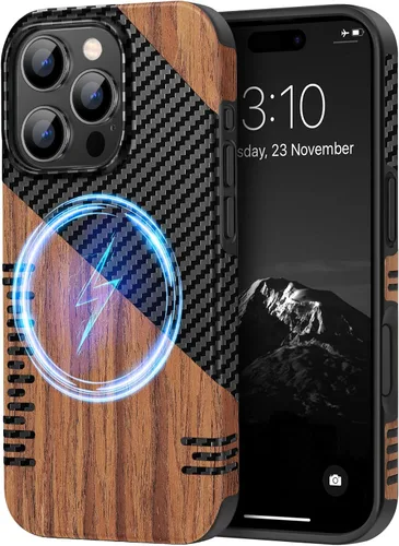 Miniatura 29 de TENDLIN Compatible con iPhone 17 Pro Max Funda de madera con textura de fibra de carbono Diseño de cuero híbrido delgado (negro)