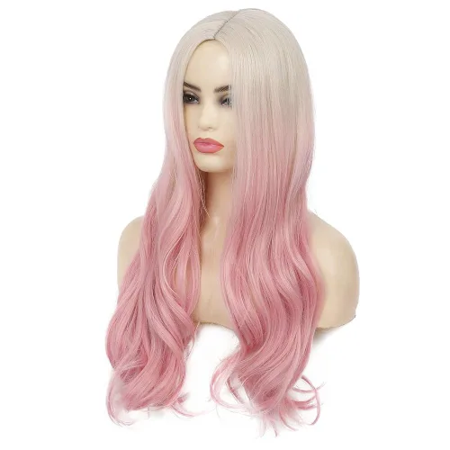 Miniatura 5 de Peluca larga ondulada de rubio a rosa para mujer, rizada, resistente al calor, sintética, para Halloween, cosplay, pelucas de pelo