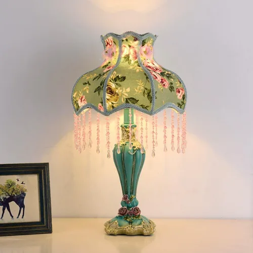 Lámpara victoriana floral de tela verde lámpara de mesa pastoral europea lámpara romántica 1 luz linda flor rosa escritorio luz vintage tela encaje