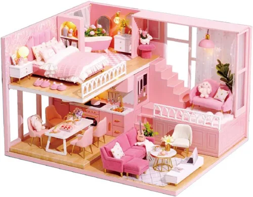 Miniatura 10 de TuKIIE Kit de casa de muñecas en miniatura con muebles, a escala 1:24, casa de muñecas de madera con accesorios, a prueba de polvo, con música