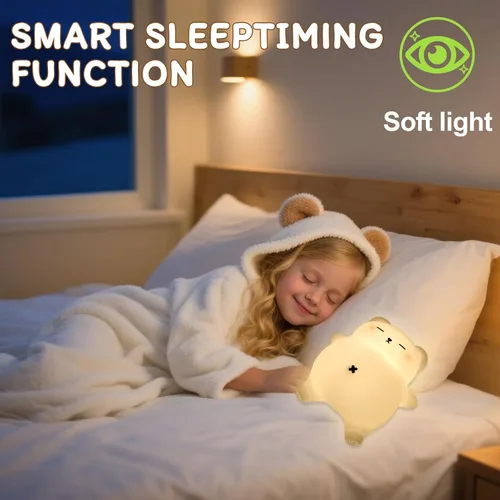 Miniatura 6 de Luz nocturna de oso para guardería, lámpara de noche de bebé recargable de silicona suave con atenuación de 3 niveles, control táctil, temporizador