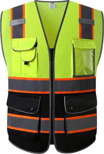 JKSafety Chaleco de seguridad frontal con cremallera de doble color de alta visibilidad MESH Lite de 9 bolsillos | Tira reflectante con ribete
