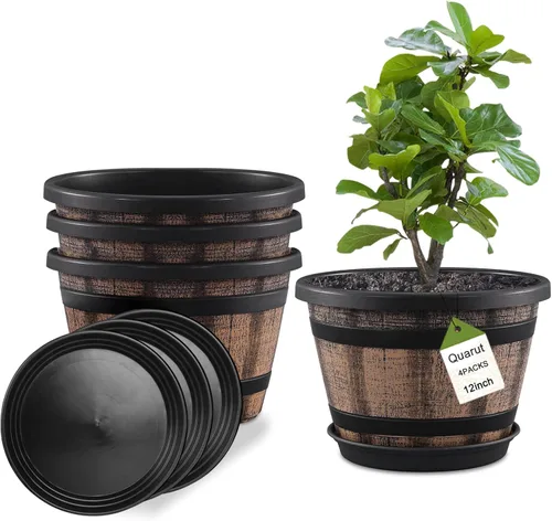 Miniatura 8 de Quarut Macetas de barril marrón de 6 pulgadas con agujeros de drenaje y platillo, juego de 4, plantas para interiores y exteriores para el hogar