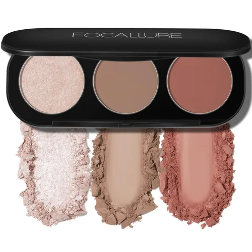 FOCALLURE Paleta de rubor y resaltador, paleta de contorno 3 en 1, polvo bronceador mate libre de crueldad, iluminadores brillantes para un aspecto