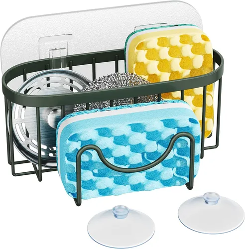 Miniatura 10 de HapiRm Organizador de esponja multifuncional con forma única en M, 2 métodos de instalación, organizador de fregadero de cocina, organizador