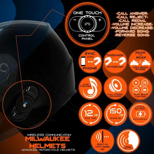 Miniatura 4 de Milwaukee Helmets H510 Casco de motocicleta de cara completa 'Chit-Chat' negro brillante con intercomunicador, altavoz y micrófono integrados