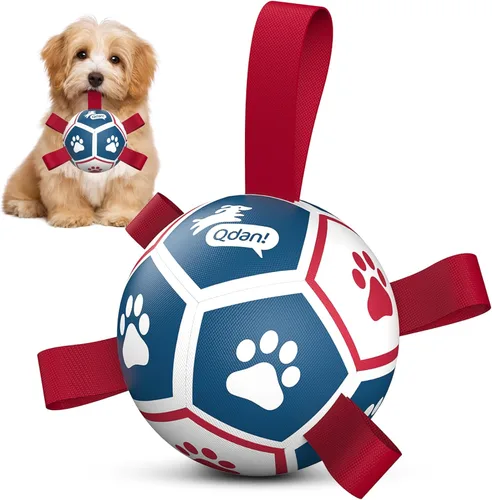 Miniatura 20 de QDAN Pelota de fútbol para perros con correas, juguetes interactivos de forcejeo, juguete de cumpleaños para cachorros, juguete acuático, para rojo