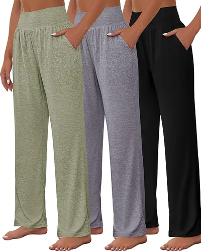 Neer 3 piezas de pantalones de yoga de pierna ancha para mujer, cómodos, holgados, de cintura alta, pantalones deportivos casuales para