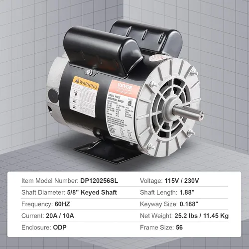 Miniatura 9 de VEVOR Motor Eléctrico de Compresor de Aire de 2 HP, 115/230V, 20/10 Amperios, Marco 56 3450 RPM, Eje Claveado de 5/8 Pulgadas, Longitud de Eje