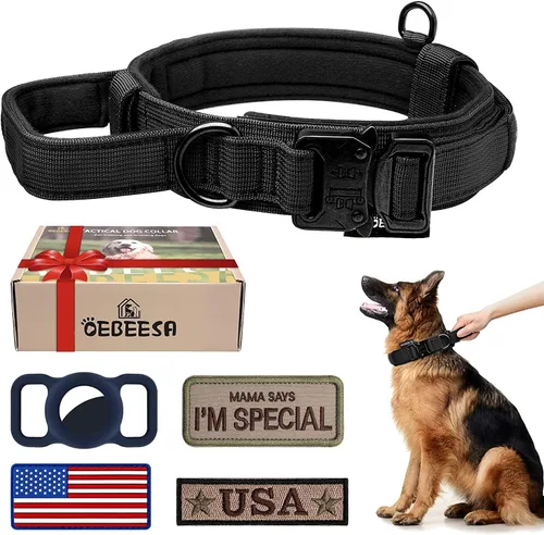 Miniatura 21 de Juego de collar y correa táctica para perro: collar de perro de nailon ajustable con asa que absorbe los golpes, correa retráctil fuerte para perros