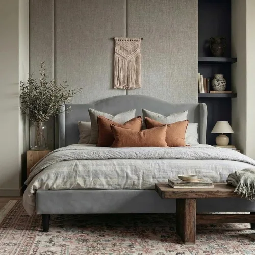 Miniatura 9 de Allewie Marco de cama de tamaño matrimonial, plataforma tapizada con respaldo de alas con cabecera capitonada de 47 pulgadas de alto, tela