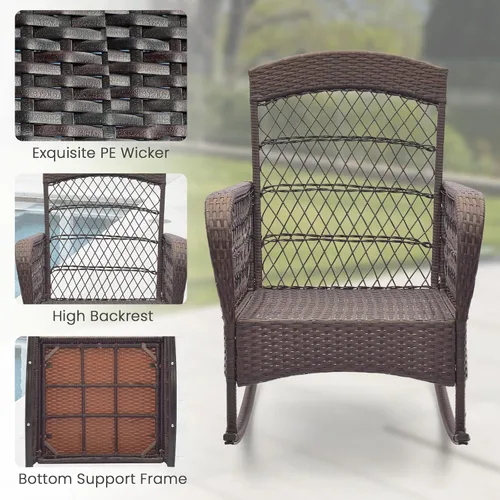 Miniatura 7 de ORALNER Juego de 3 mecedoras de mimbre para muebles de patio, sillas mecedoras para exteriores con cojines, almohadas, mesa de centro de cristal