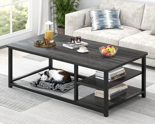Miniatura 12 de EXCEFUR Mesa de centro negra, mesa de sala de estar de madera rústica con estante de almacenamiento, mesa central rectangular moderna, 47 pulgadas