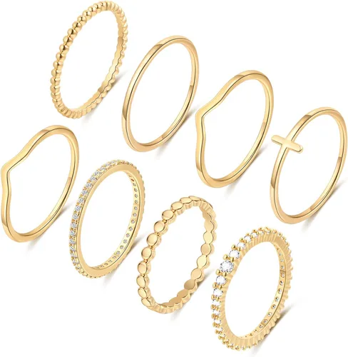 RLMOON Juego de 8 anillos chapados en oro de 14 quilates y plata para mujer, anillo de diamantes de imitación de circonita cúbica, anillo de