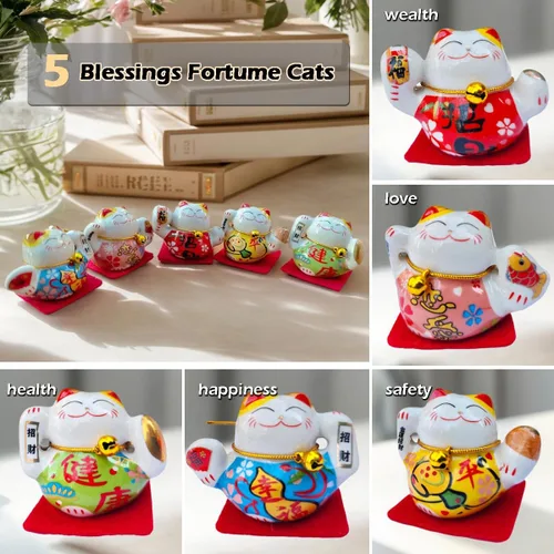 Miniatura 3 de Lucky Statue - Juego de figuras de cerámica china de gato, 5 mini gatos de la fortuna, adorno de escritorio pequeño, colección de ideas asiáticas
