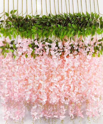 Flores colgantes de glicinia, 12 paquetes de flores artificiales, vid de glicinia falsa de ratán, guirnalda colgante de seda, flores de cuerda para