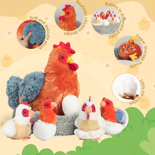 Miniatura 4 de Juego de peluche de pollo 9 en 1, juguete de peluche de pollo para niños, gallina ponedora de huevos con cremallera, pollos y huevos, juguetes