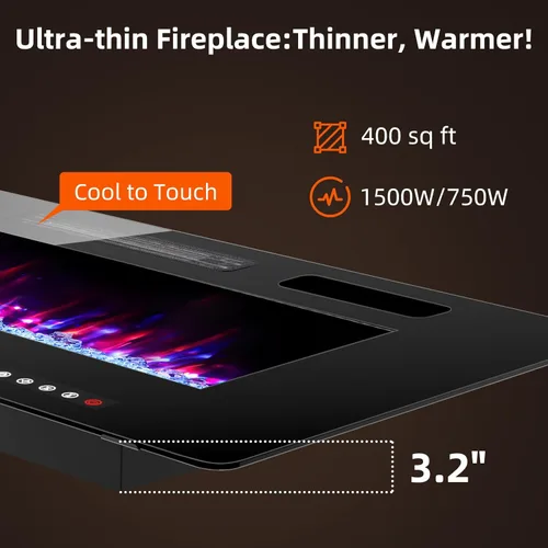Miniatura 2 de BREEZEHEAT Chimenea Eléctrica Ultrafina de 42 Pulgadas - Calentador de Chimenea Independiente o Empotrado en la Pared, Control Remoto, Pantalla
